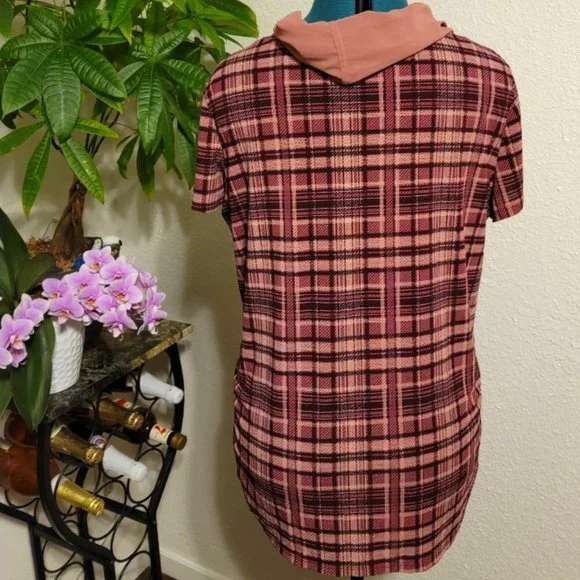 Elle plaid women's XL top and scarf, 2 pc. set. maroon/pink. - Picture 5 of 7